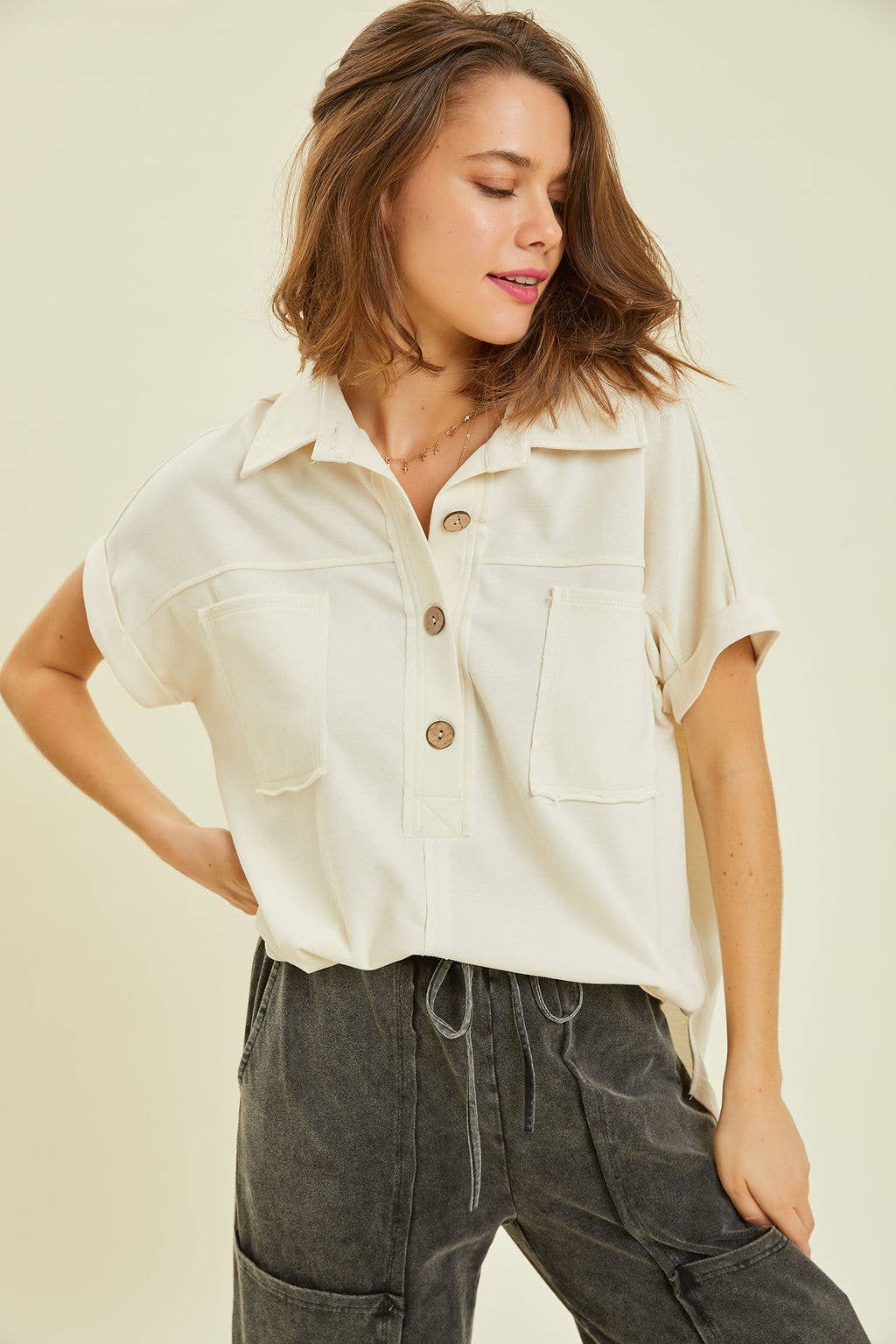 OVERSIZED FRENCH TERRY HENLEY TOP