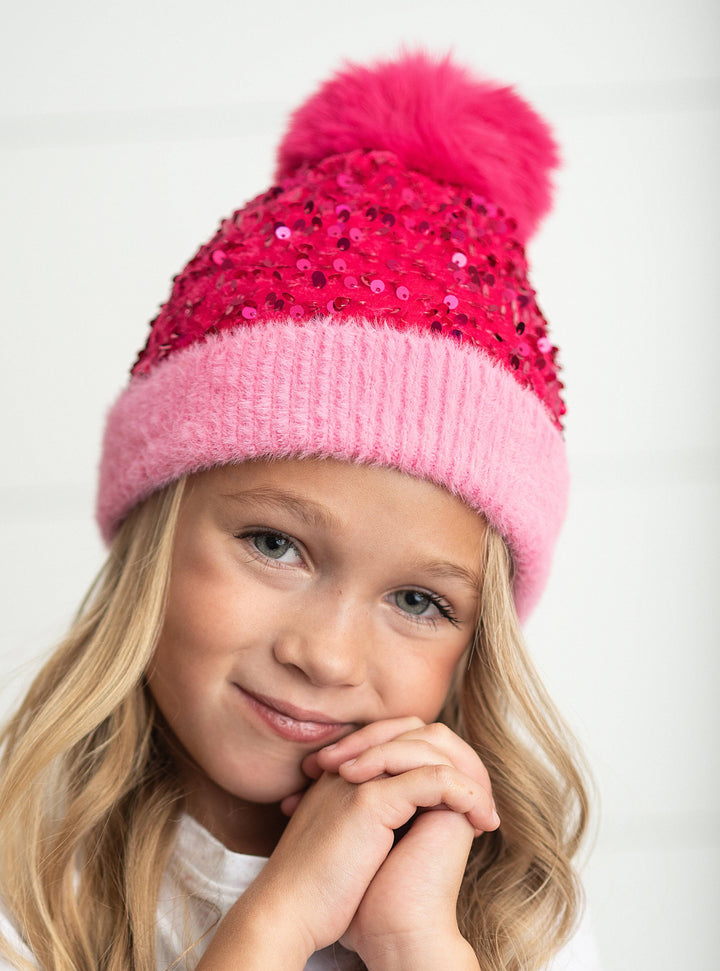 Kids Bright Pink Sequin Large Pom Beanie Winter Hat