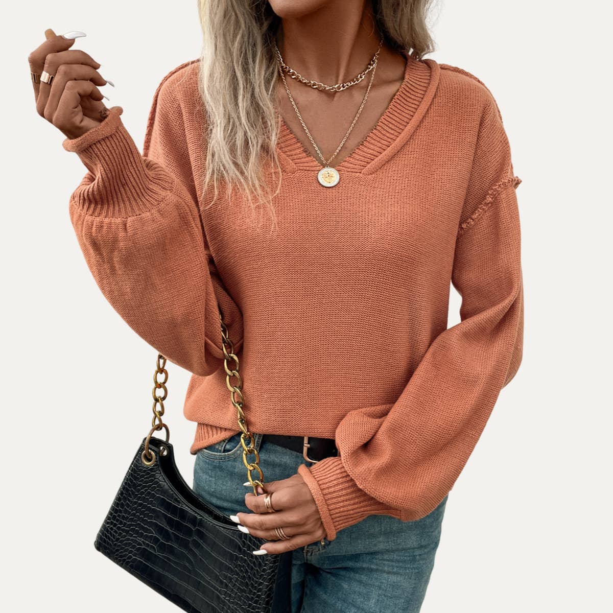 Casual Dark Salmon V-Neck Long Sleeve Knit Sweater