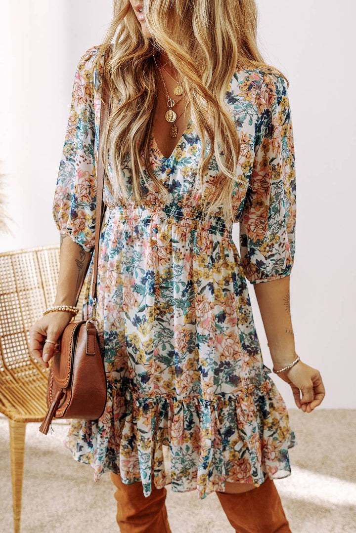 Floral 3/4 Sleeve V Neck High Waist Ruffled Dress