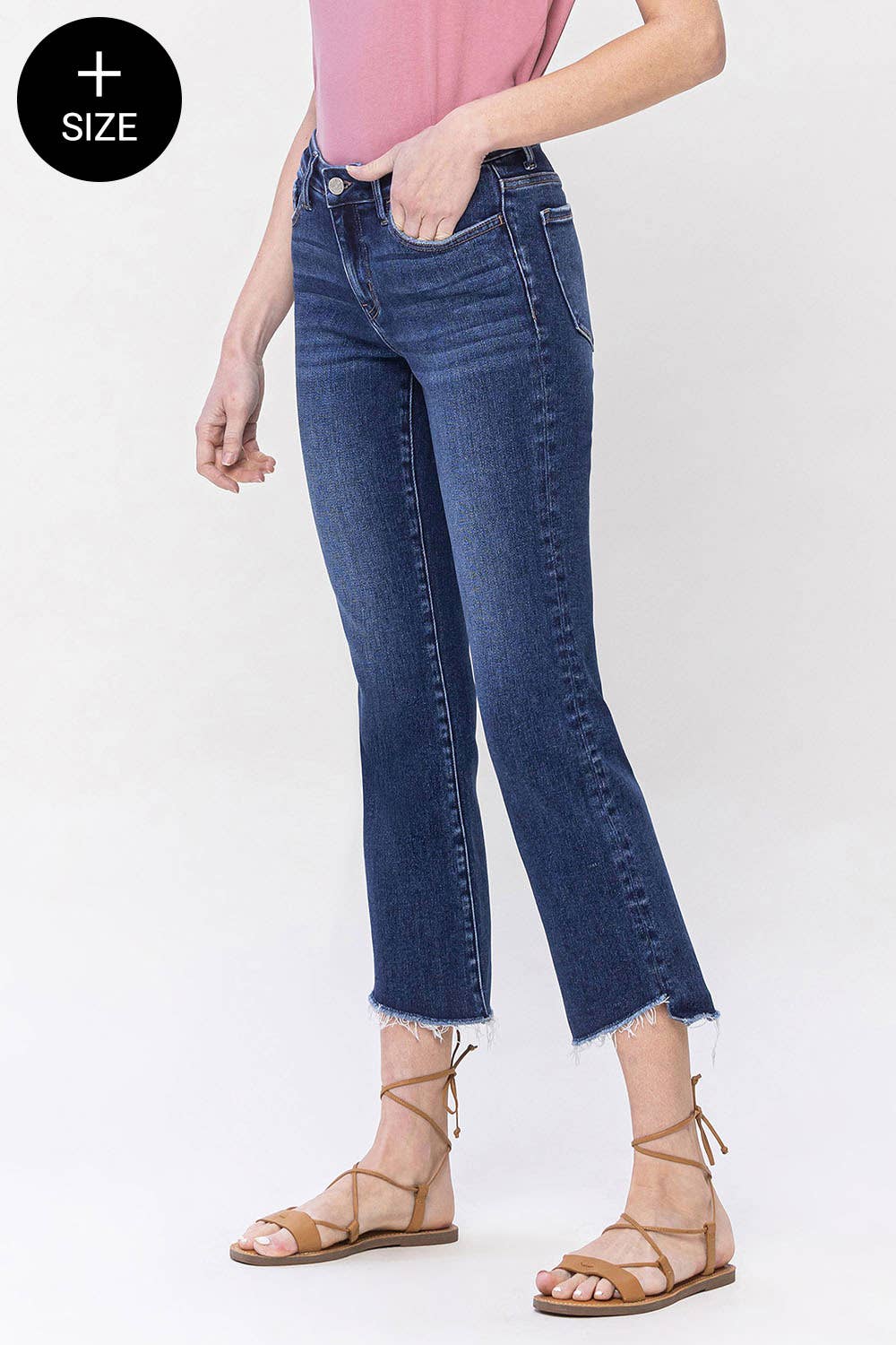 PLUS SIZE MID RISE RAW STEP HEM CROP FLARE JEANS