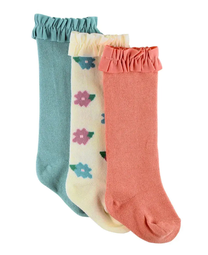 Girls 3-Pack Knee High Ruffle Socks - Antique Blue, Fall Floral & Terra Cotta