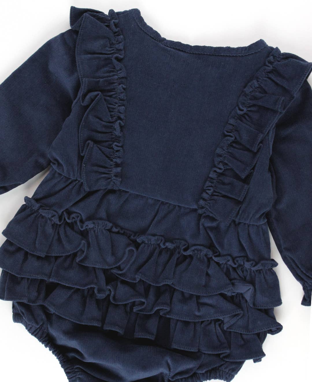 Baby Girls Dark Navy Stretch Corduroy Waterfall Long Sleeve Bubble Romper