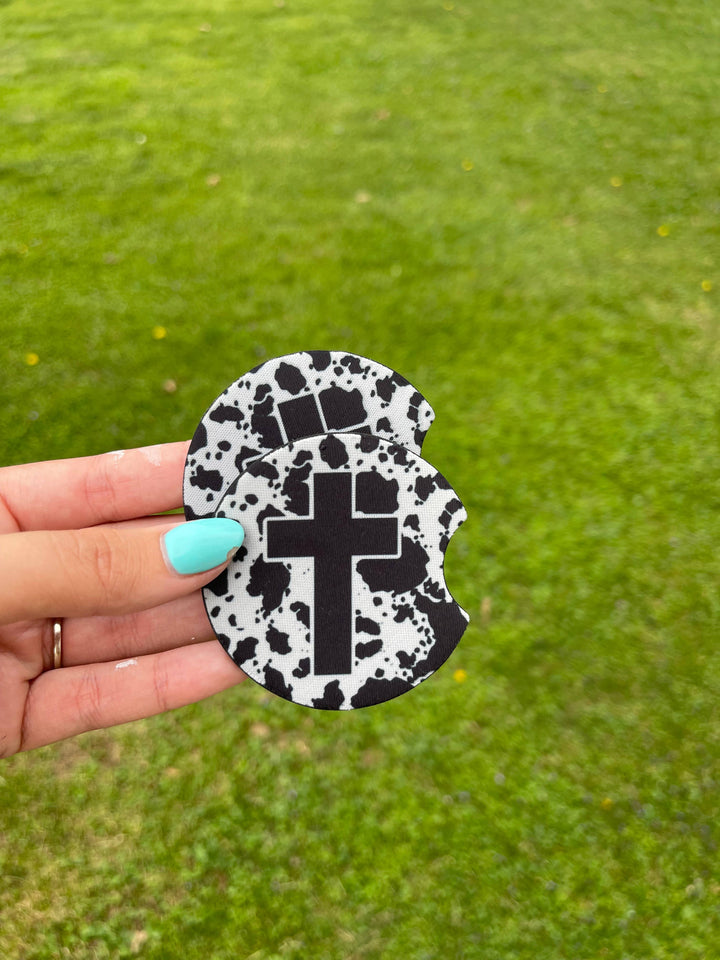 Cow Print Cross Car Coaster Set