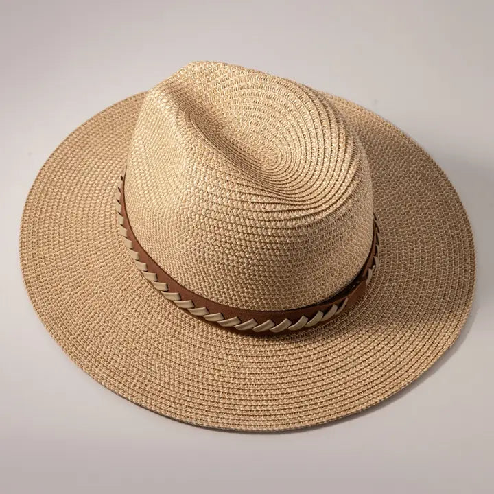 Leather Strap Straw Fedora Hat