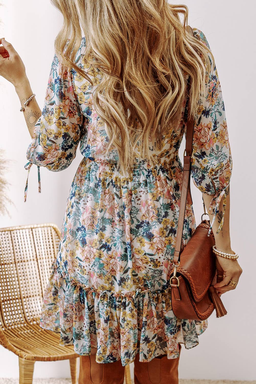 Floral 3/4 Sleeve V Neck High Waist Ruffled Dress