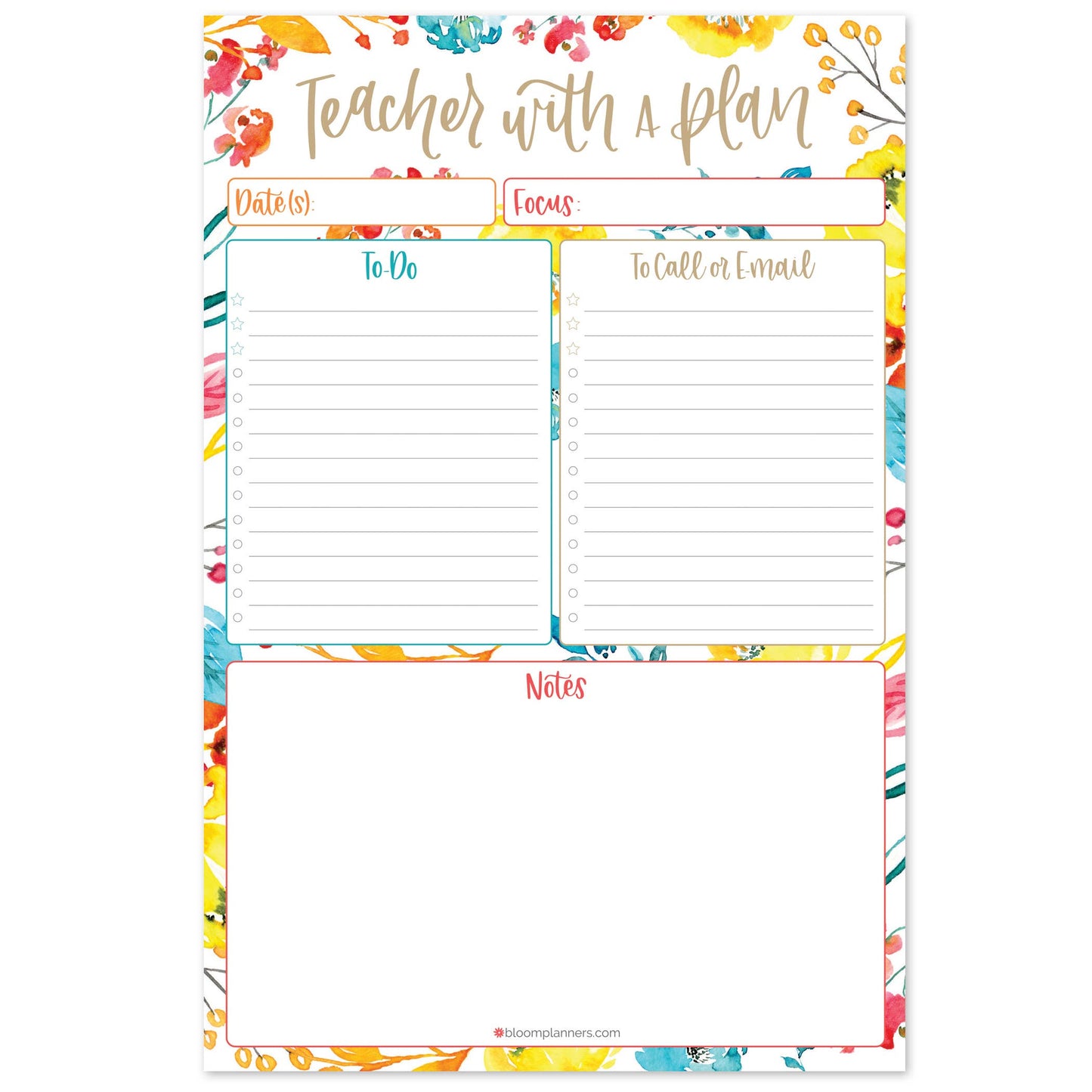 6x9 Teacher To-Do List Planning Pad, Happy Blooms Design