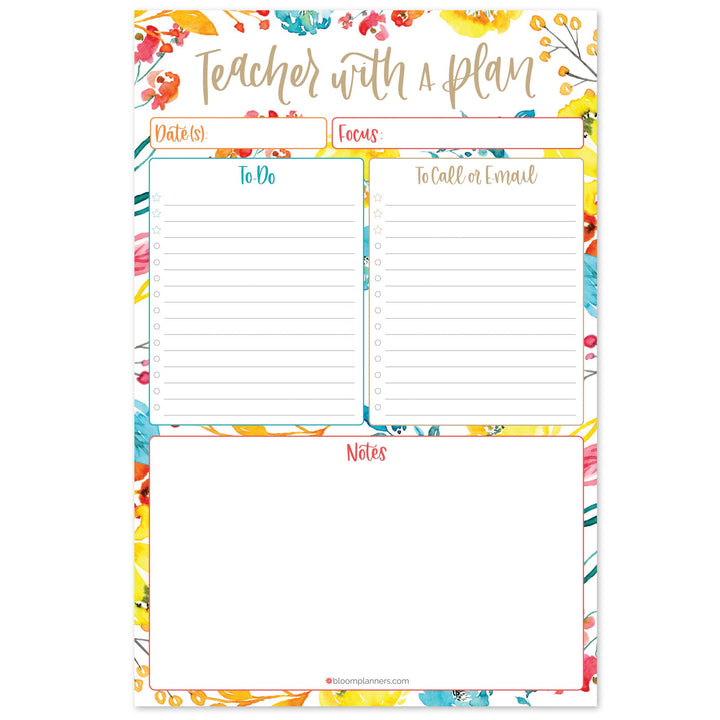 6x9 Teacher To-Do List Planning Pad, Happy Blooms Design