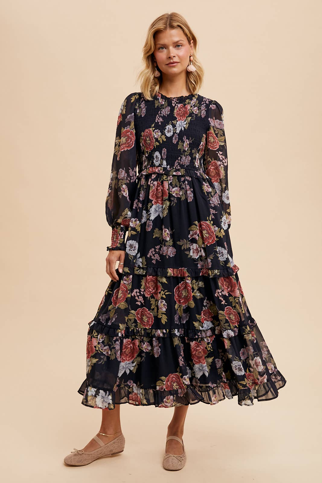 SMOCKED LONG SLEEVE FLORAL DRESS