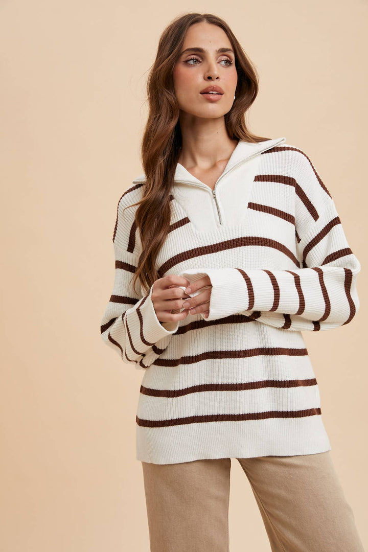 STRIPED HALF ZIP KNITTED PULLOVER