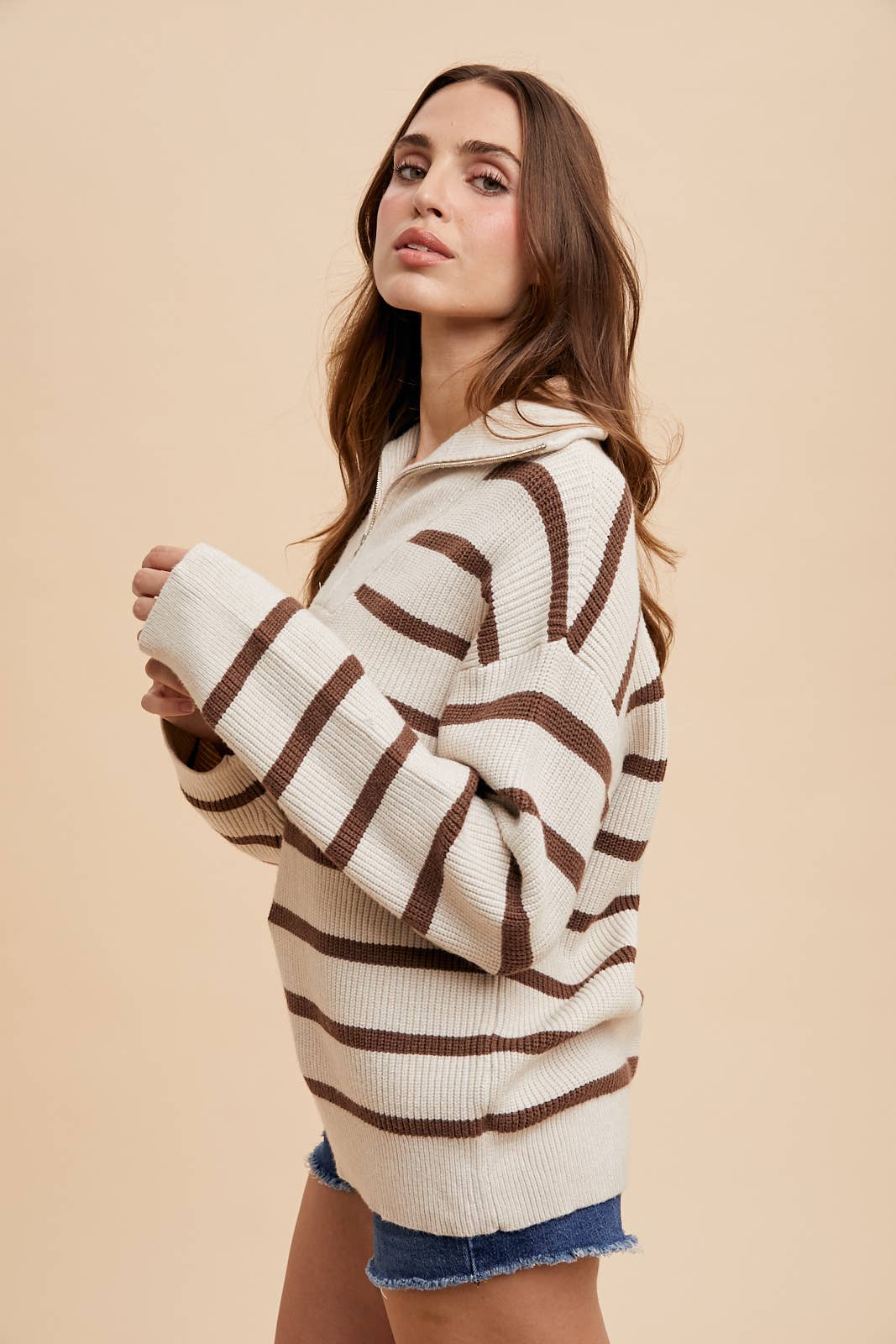 STRIPED HALF ZIP KNITTED PULLOVER