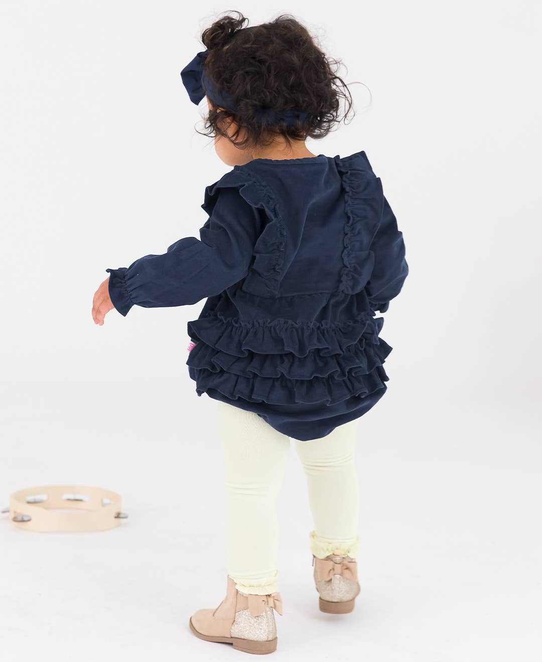 Baby Girls Dark Navy Stretch Corduroy Waterfall Long Sleeve Bubble Romper