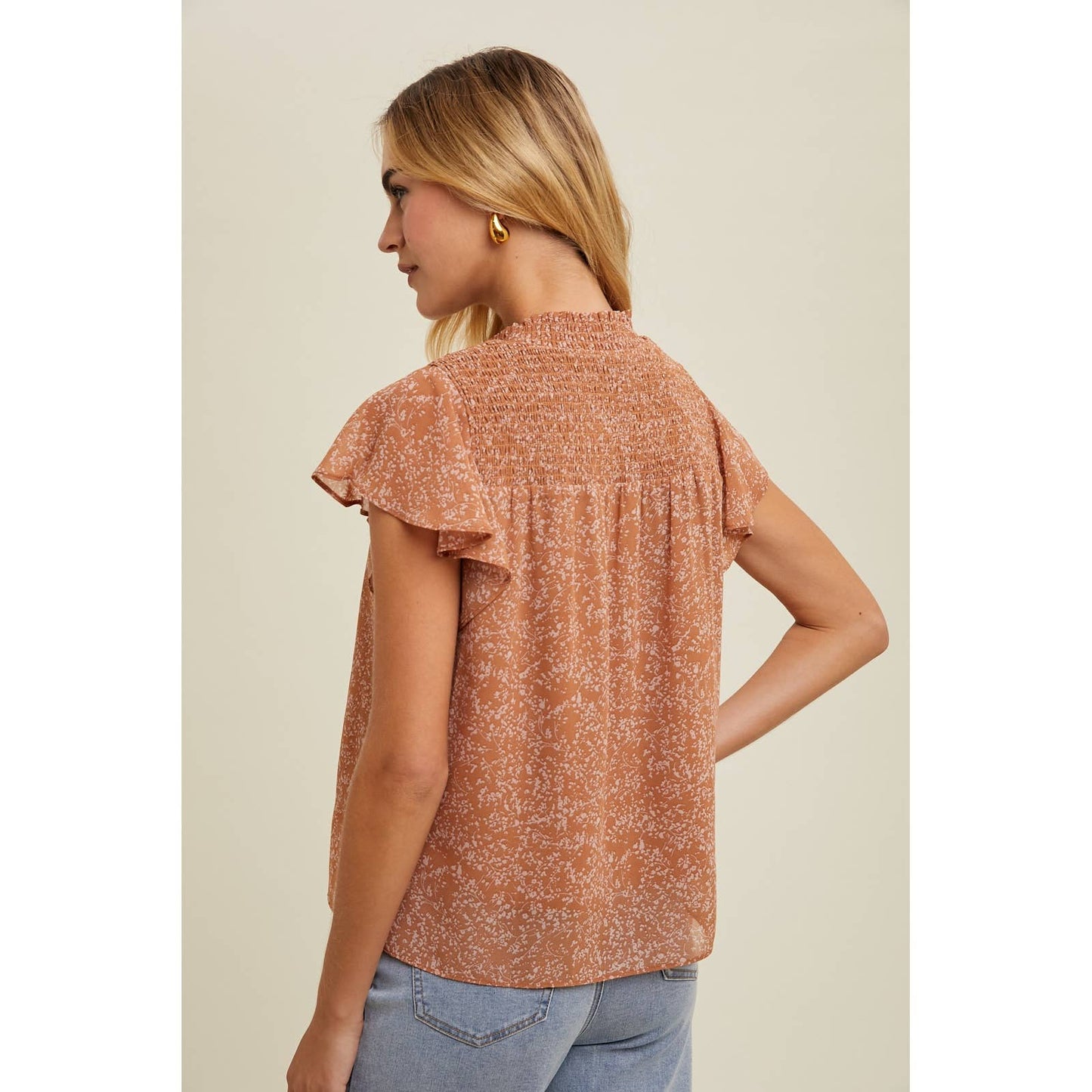 FLORAL SMOCKED MOCK NECK BLOUSE