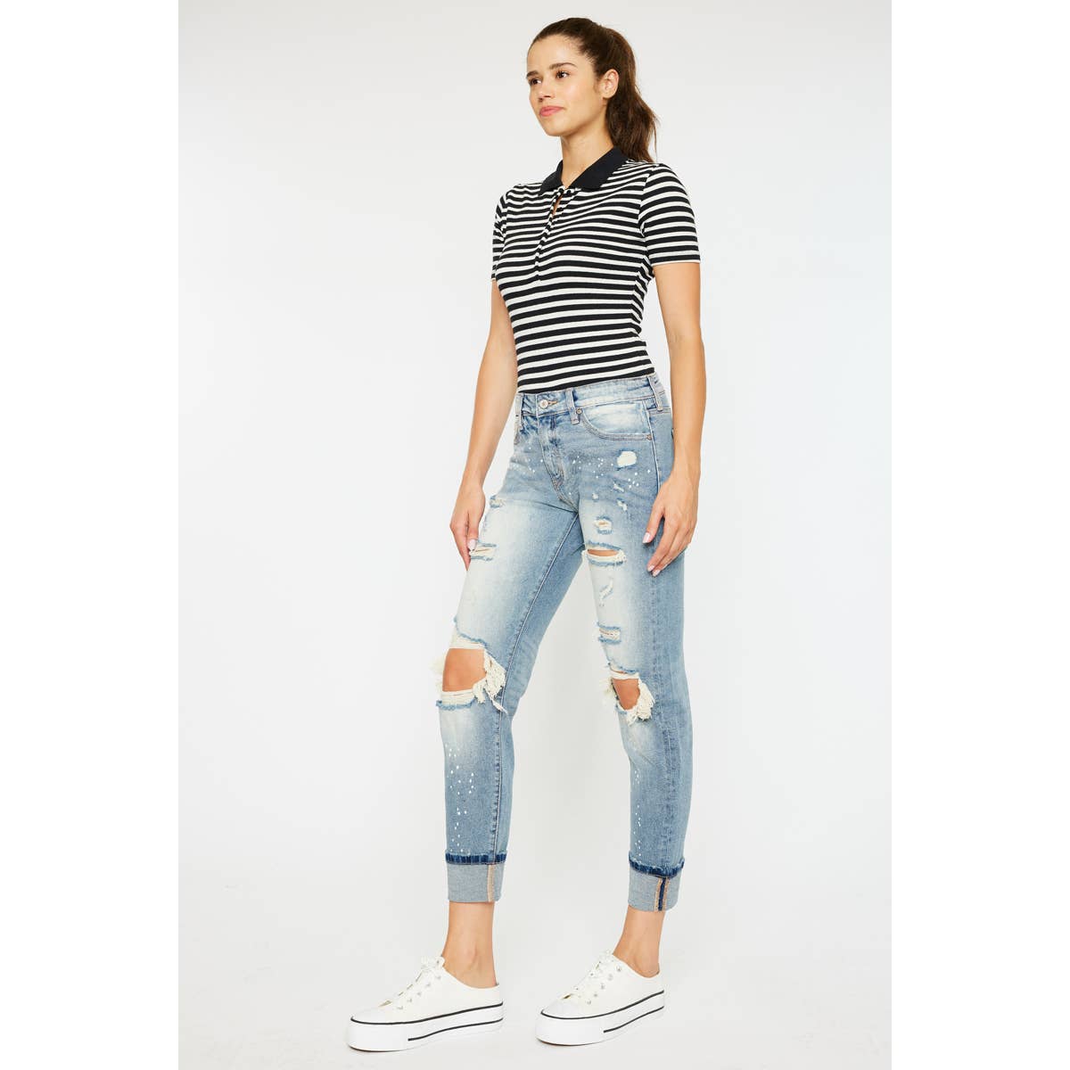 HIGH RISE BOYFRIEND JEANS LIGHT STONE WASH COMFORT STRETCH