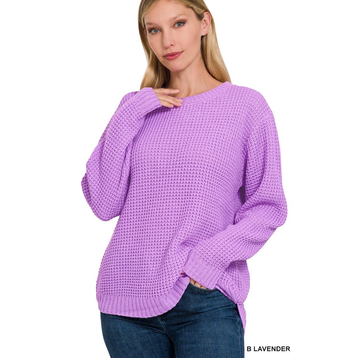 Hi-low Long Sleeve Round Neck Waffle Sweater