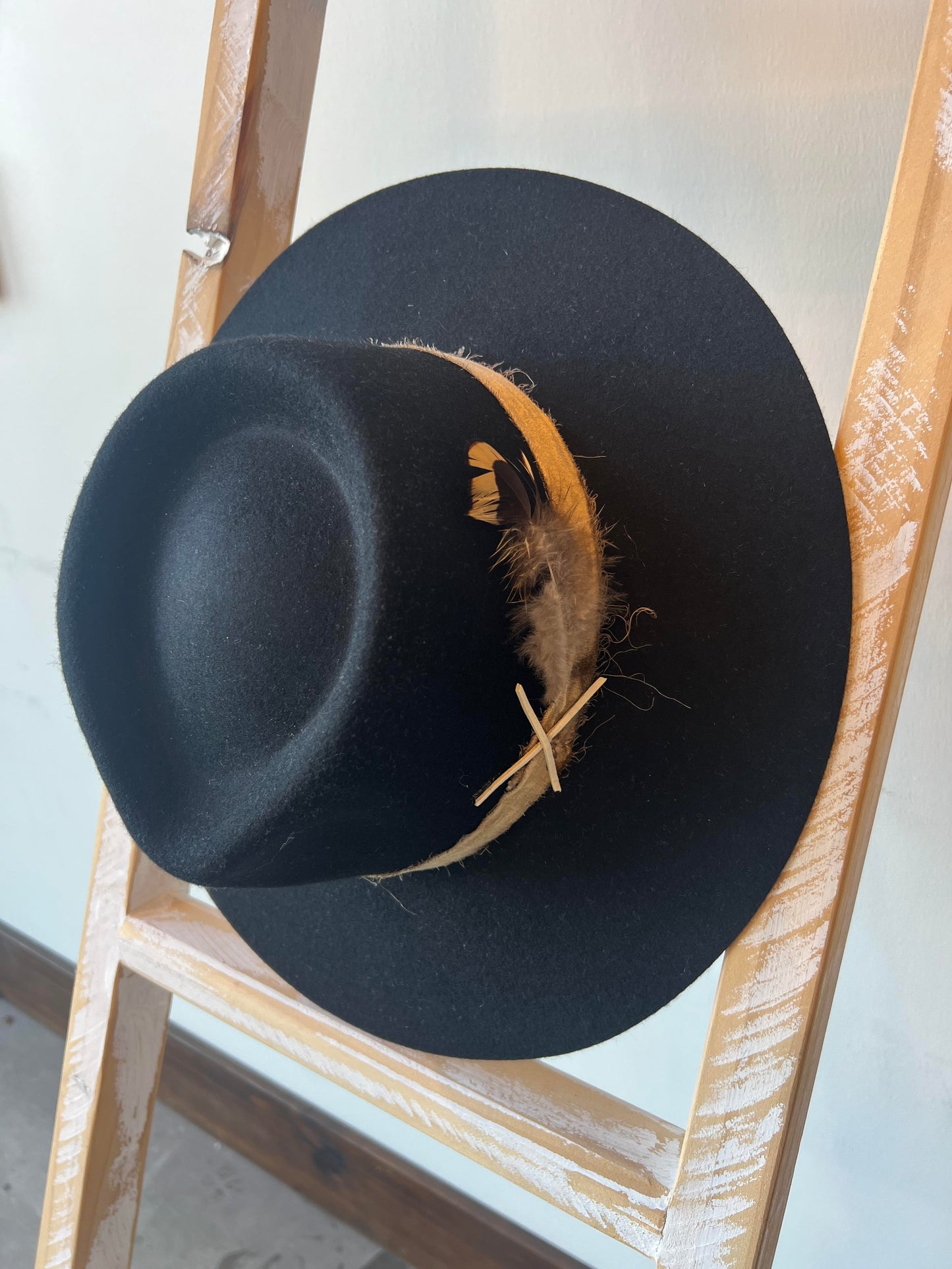 Feathered Black Flat Brim Hat