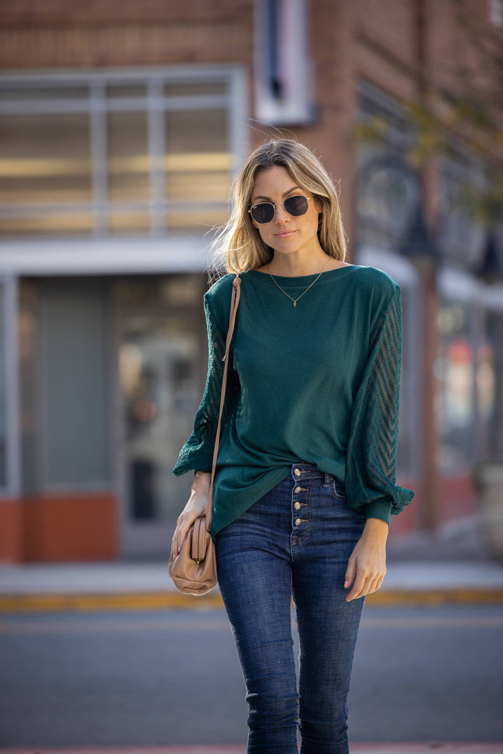 Long Sleeve Boat Neck with Contrast Sleeves - Emerald
