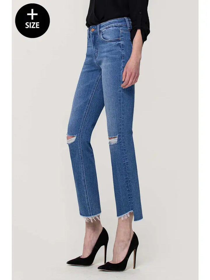 Plus Size Mid Rise Mini Flare Jean w/ Slit Hem Detail