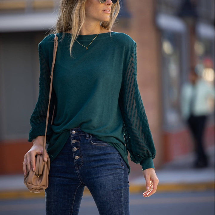 Long Sleeve Boat Neck with Contrast Sleeves - Emerald