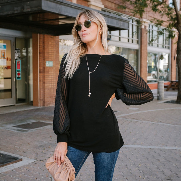Long Sleeve Boat Neck with Contrast Sleeves - Black